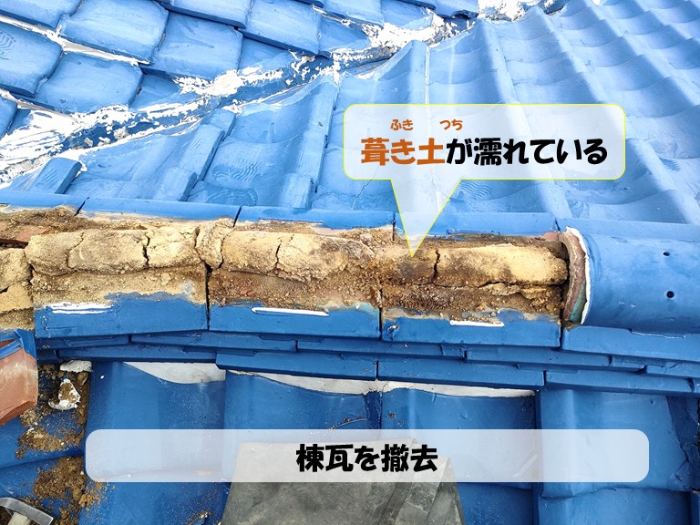 阪南市　棟瓦を撤去・葺き土が濡れている